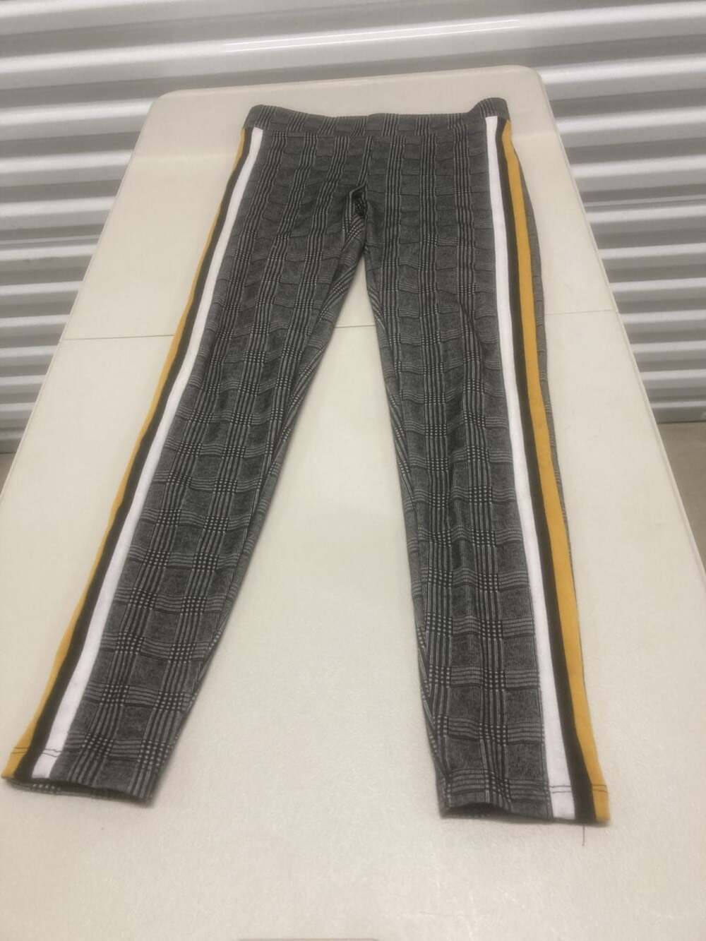 Stoosh Women's Plaid Leggings with Yellow and White Side Stripes